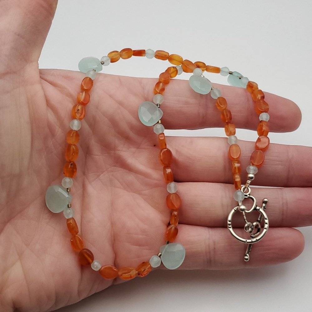 16 Inch 925 Sterling Silver Blue Glass And Orange Stones Necklace